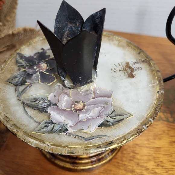 Vintage Pair of Porcelian and Metal Hand Painted Floral Candle Holders - Picture 5 of 17